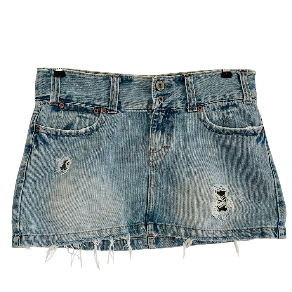 Y2K American Eagle Denim Mini Skirt Light Wash Distressed Low Rise Womens 6